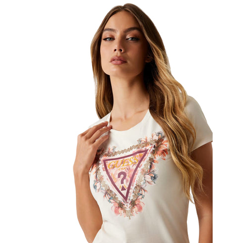 T-shirt Donna slim, a girocollo, con stampa logo triangolo floreale